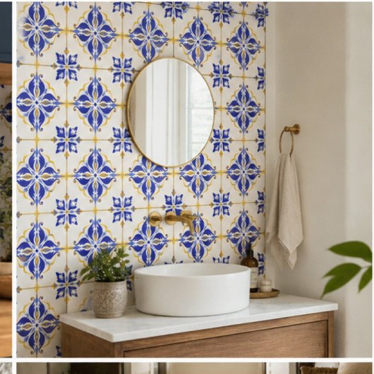 Royal Fleur Elegant Blue and Gold Botanical Mosaic タイル