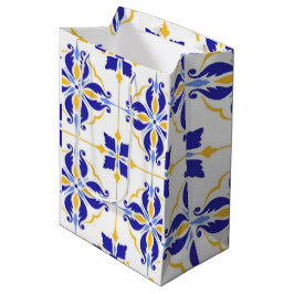 Royal Fleur Elegant Blue and Gold Botanical Mosaic ミディアムペーパーバッグ