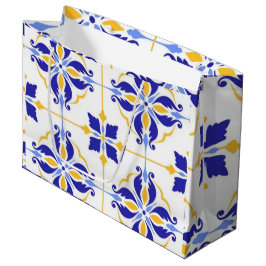 Royal Fleur Elegant Blue and Gold Botanical Mosaic ラージペーパーバッグ