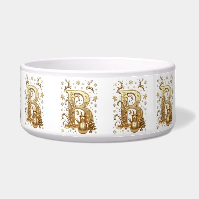Royal Gold B Luxury Snowman Ceramic Pet Bowl ボウル (正面)