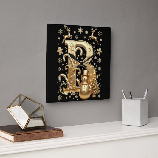 Royal Gold B Luxury Snowman Square Wall Clock スクエア壁時計 (オフィス)