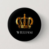 Royal Gold Crown Personalized Name Black 缶バッジ (正面)