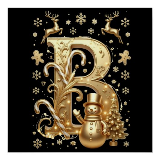 Royal Gold Letter B Luxury Snowman Glossy Poster  ポスター (正面)