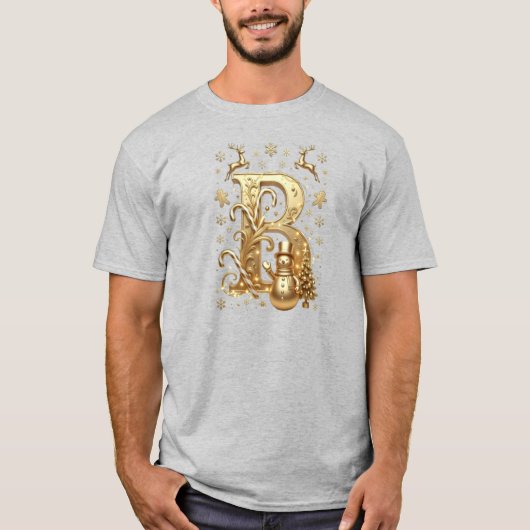 Royal Gold Letter B Luxury Snowman Grey Shirt Tシャツ (正面)