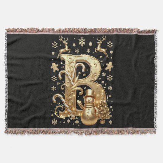 Royal Gold Letter B Luxury Snowman Sherpa Blanket スローブランケット (正面)