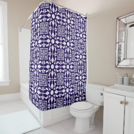 Royal Indigo Elegant Geometric Floral Mosaic シャワーカーテン
