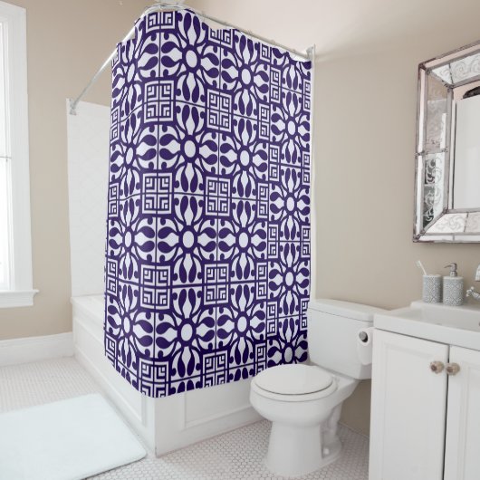 Royal Indigo Elegant Geometric Floral Mosaic シャワーカーテン (インサイチュ)