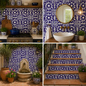 Royal Indigo Elegant Geometric Floral Mosaic タイル