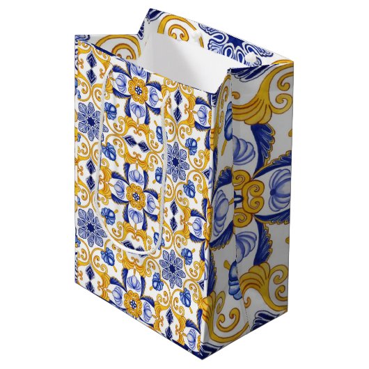 Royal Lisbon Scrollwork Elegant Portuguese Blue ミディアムペーパーバッグ (正面アングル)