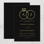 Royal Monogram Black and Gold Engagement Party  招待状 (正面/裏面)