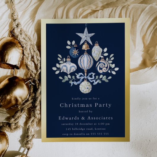 Royal Navy Blue & Gold Border Christmas Party 箔招待状