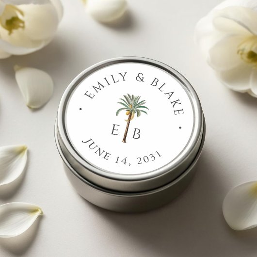 Royal Palm Logo Elegant Tropical Monogram Wedding ラウンドシール
