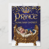 Royal Prince Baby Shower Blue Gold Crib Glitter 招待状 (正面)