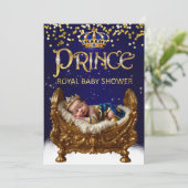 Royal Prince Baby Shower Blue Gold Crib Glitter 招待状 (スタンド正面)