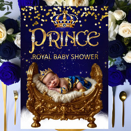 Royal Prince Baby Shower Blue Gold Crib Glitter 招待状