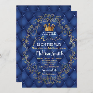 Royal Prince Baby Shower Blue Gold Rattle Ethnic 招待状