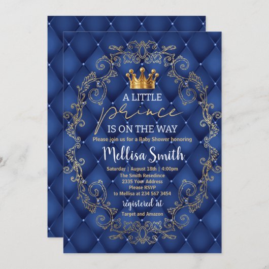 Royal Prince Baby Shower Blue Gold Rattle Ethnic 招待状 (正面/裏面)