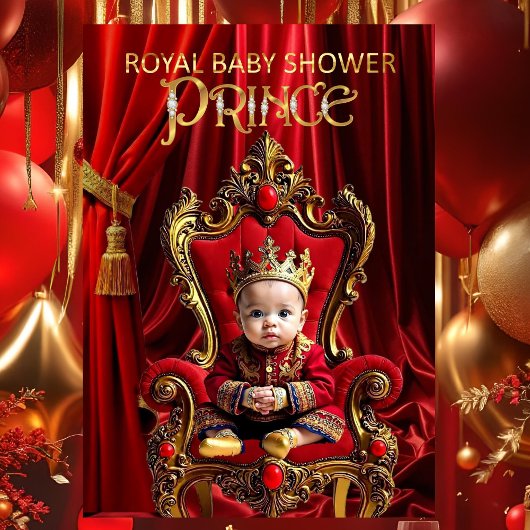 Royal Prince Baby Shower Red Gold Chair 招待状
