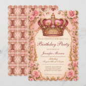 Royal Princess Birthday Party Crown Ornate 招待状 (正面/裏面)