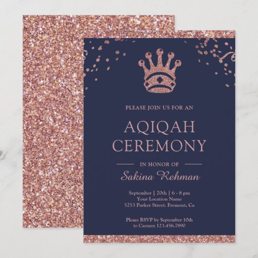Royal Princess Rose Gold Glitter Aqeeqah | アキカ 招待状 (正面/裏面)