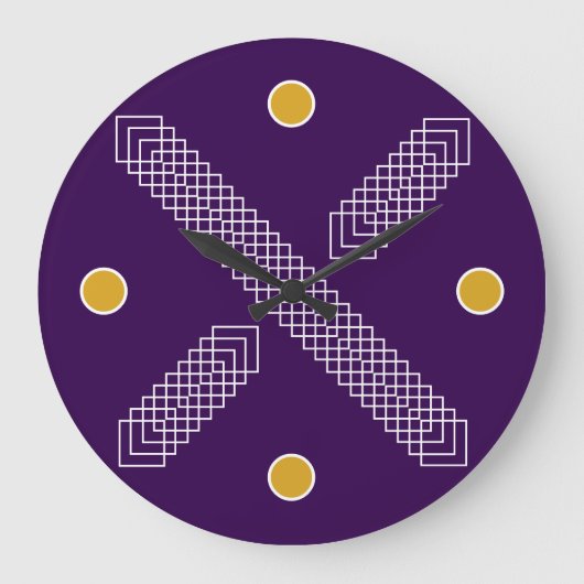 Royal Purple and Gold Geometric Art Deco ラージ壁時計 (正面)