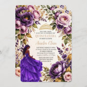 Royal Purple Blush Floral Princess Quinceanera 16 招待状 (正面/裏面)