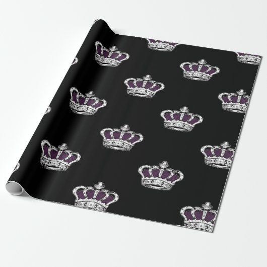 Royal Purple Crown Pattern on Bold Black Back ラッピングペーパー (アンロールド)