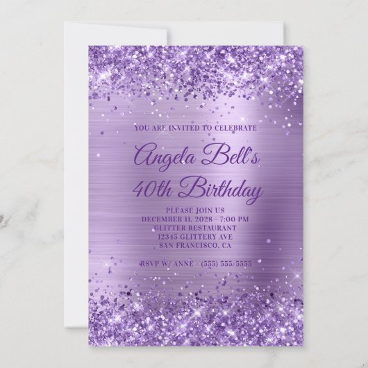 Royal Purple Glitter Brushed Foil 40th Birthday 招待状 (裏面)
