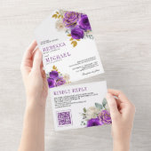 Royal Purple Roses Floral QR Code Wedding オールインワン招待状 (貼ってはがせる)
