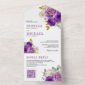 Royal Purple Roses Floral QR Code Wedding オールインワン招待状 (内側)