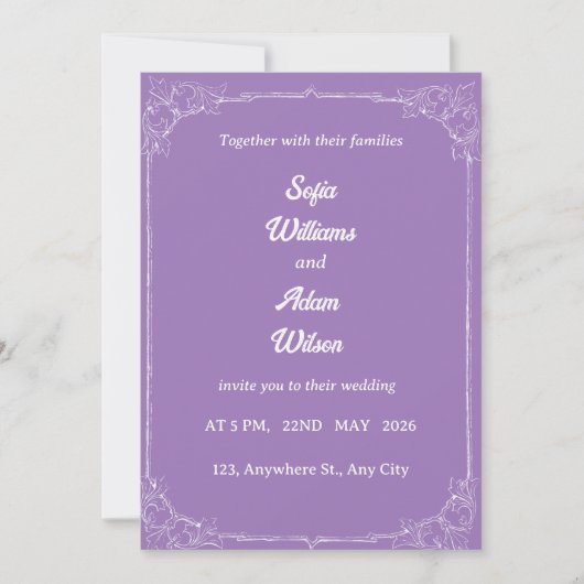 ​Royal Purple & White Filigree Wedding Invitation 招待状 (正面)