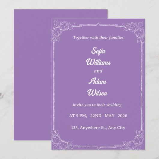 ​Royal Purple & White Filigree Wedding Invitation 招待状 (正面/裏面)