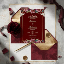 Royal Red & Gold Floral Dove Wedding Invite 招待状