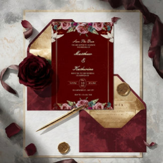 Royal Red & Gold Floral Dove Wedding Invite 招待状