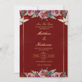 Royal Red & Gold Floral Dove Wedding Invite 招待状 (正面)