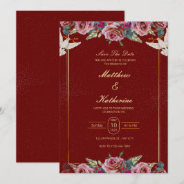 Royal Red & Gold Floral Dove Wedding Invite 招待状