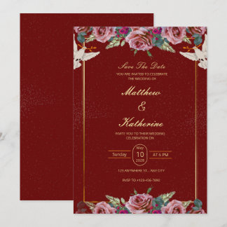 Royal Red & Gold Floral Dove Wedding Invite 招待状