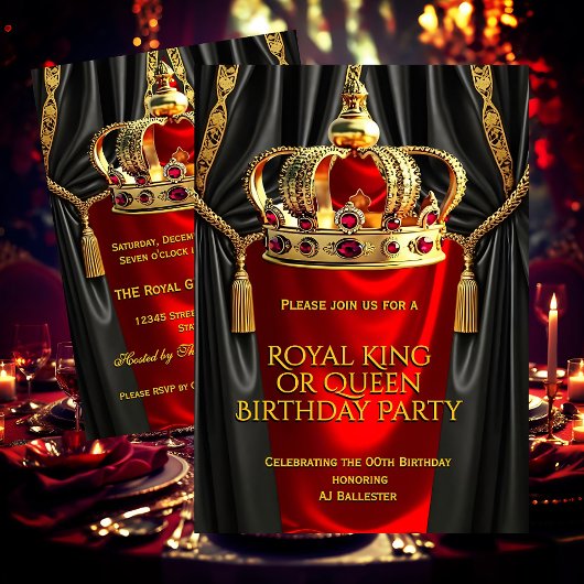 Royal Red Gold King Queen Crown Birthday Party 招待状