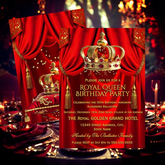 Royal Red Gold Queen Crown Birthday Party 招待状