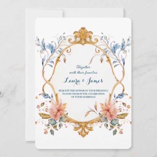 Royal Regal Elegance Floral Golden Ornate Wedding 招待状 (正面)