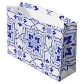 Royal Sapphire Elegant Blue Floral Mosaic ラージペーパーバッグ (裏面アングル)