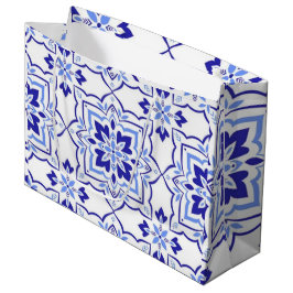 Royal Sapphire Elegant Blue Floral Mosaic ラージペーパーバッグ