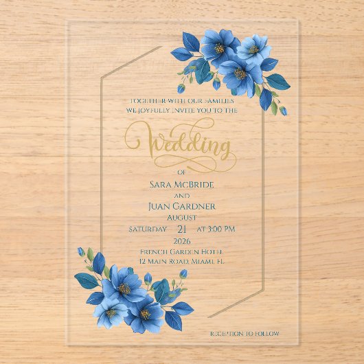 Royal Sapphire Floral Acrylic Wedding Invitation アクリル招待状 (正面)