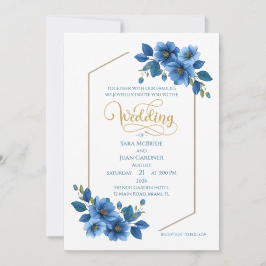 Royal Sapphire Floral Wedding Invitation 招待状 (正面)