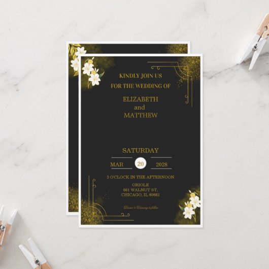 Royal wedding invitation in black and gold 招待状 (正面/裏面インサイチュ)
