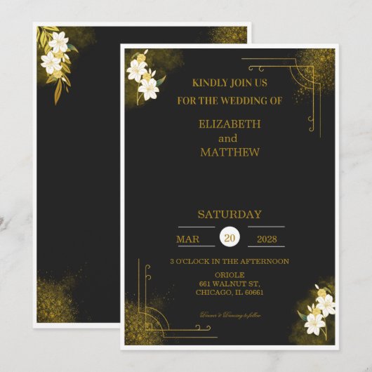 Royal wedding invitation in black and gold 招待状 (正面/裏面)