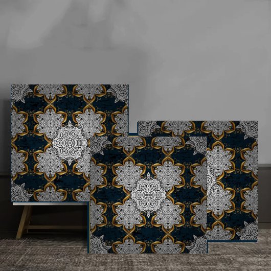 Royal White and Gold Mandala Baroque elegant flora タイル