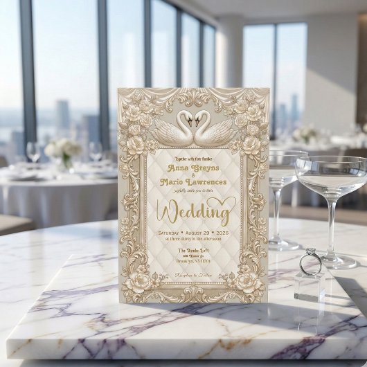 Royalcore Rococo Gold Swans Fairytale Wedding 招待状
