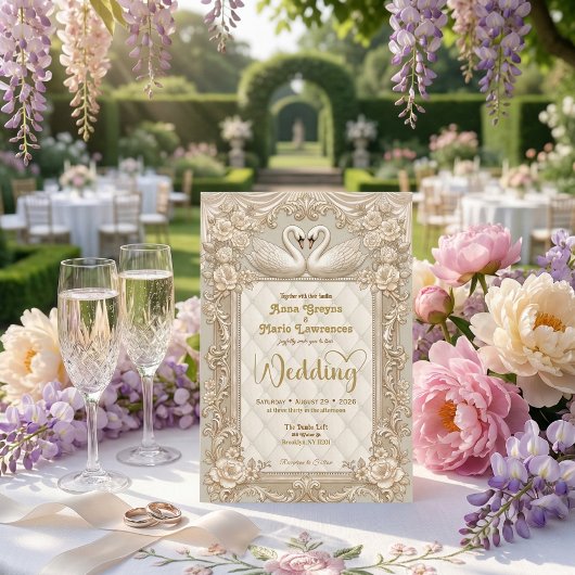 Royalcore Rococo Gold Swans Fairytale Wedding 招待状