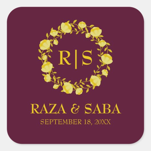 Royale Burgundy and Gold Wedding スクエアシール (正面)